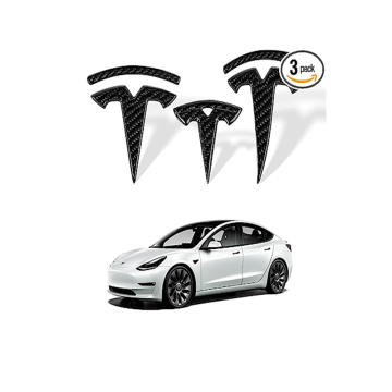 Muskgeen Real Carbon Faser Tesla Modell 3 Logo Ersatz vordere Stamm/Heck-Kofferraum ABS Carbon Faserstil Lenkrad, Aufkleber Emblem-Abzeichen Emblemzubehör (3PCS-Gloss Black)