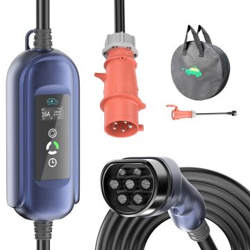 Typ2 zu CEE16A EV Starkstrom Ladekabel, 11kW 3-phasig Mobile Wallbox für Allen Typ2 EVs ,Mit extra Haushaltsstecker