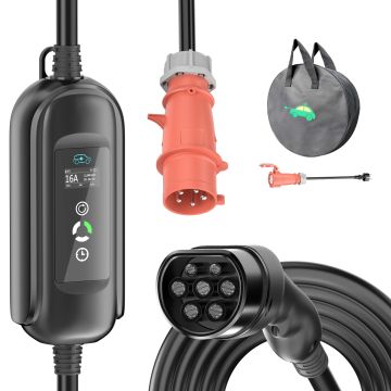 5M Typ2 zu CEE16A EV Ladekabel, 11kW 3-phasig Mobile Wallbox für Allen Typ2 EVs ,Mit extra Haushaltsstecker